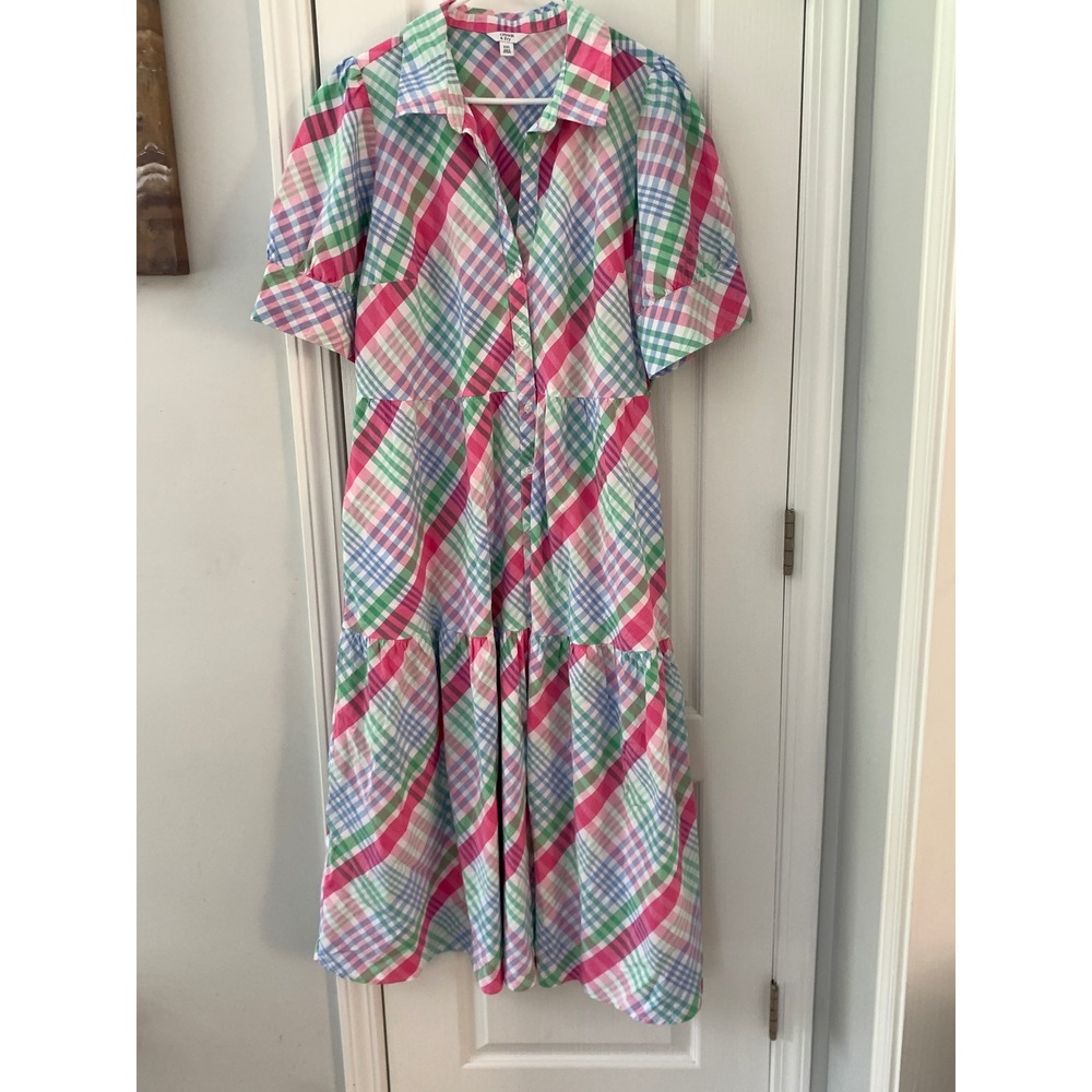 Crown & Ivy Womens XXL Plaid Tiered Midi Shirtdress Pink Green Blue Cotton
